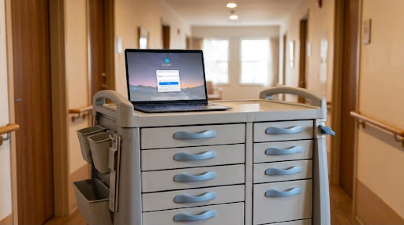 A laptop on a medication cart in a care home hallway, its screen showing the CareOS sign-in screen