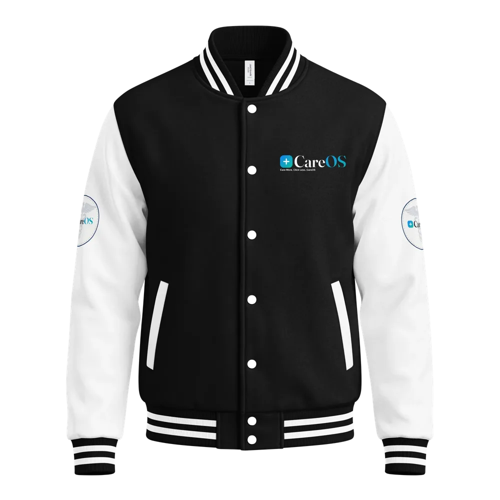 CareOS Letterman Jacket, black body with white sleeves, front view