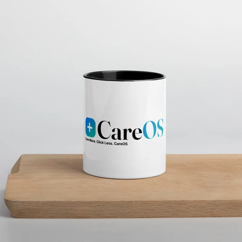CareOS Fancy Mug in Black, the CareOS lockup printed on the front