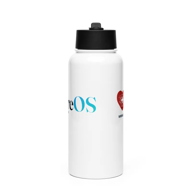 CareOS Stainless Steel Water Bottle in white, the CareOS wordmark wrapped around it