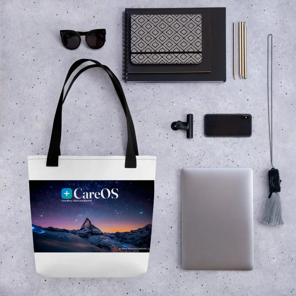 CareOS Matterhorn Tote in a styled flat lay, the Matterhorn under a starry twilight sky across the front