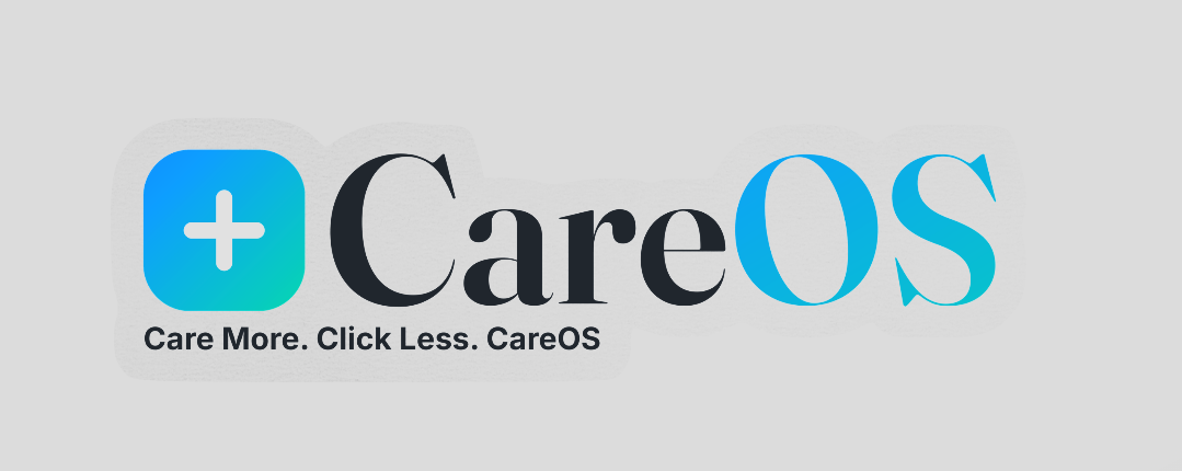 CareOS sticker with the CareOS lockup and the line Care More. Click Less.